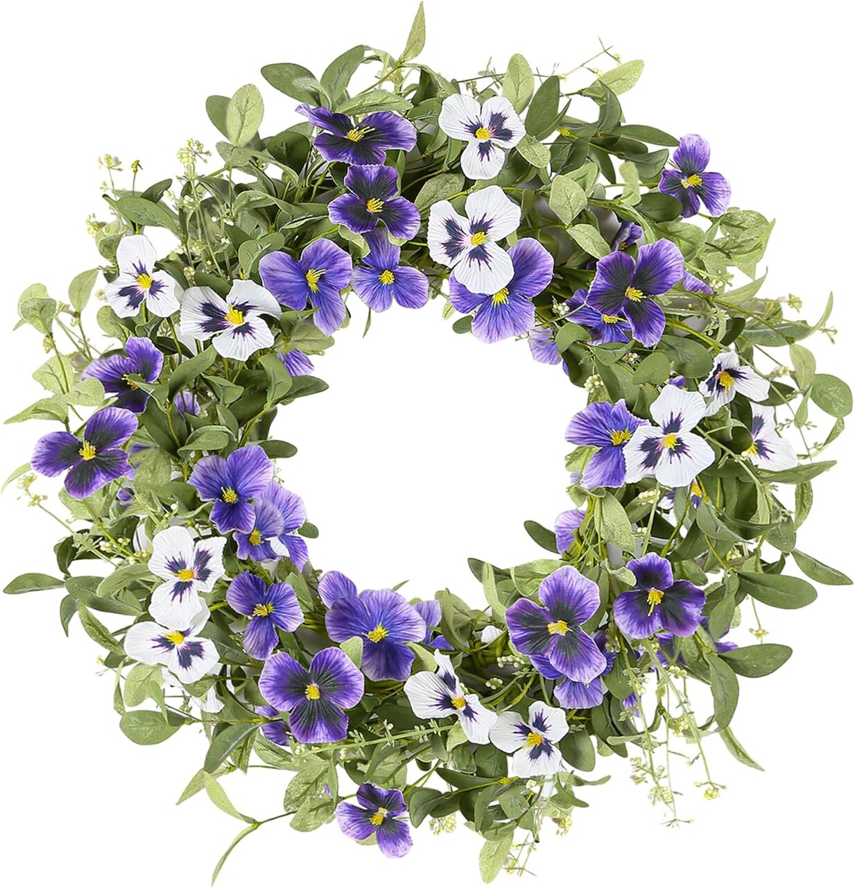 Spring Floral Wreaths for Front Door Summer Wreath with Purple Pansy Flowers Green Eucalyptus Leaves